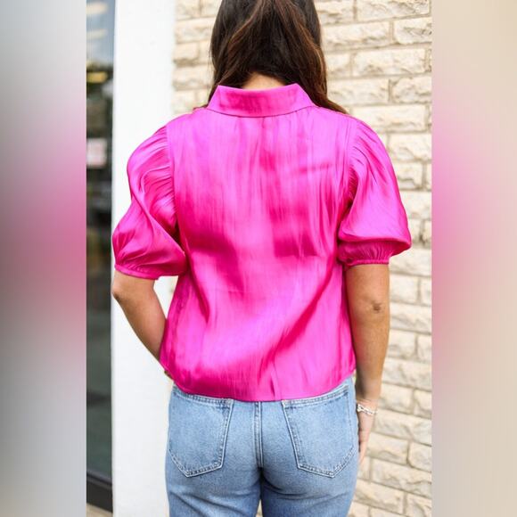 TCEC Women’s Blouse | Hot Pink Satin-Look | Puff Sleeve Button Front | Size M - Picture 2 of 5